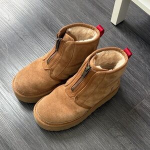 UGG Women Neumel Zip Platform Ankle Booties Chestnut Suede Plush Size 6